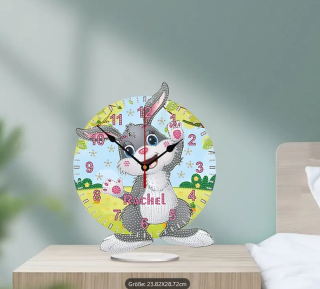 Preview: Diamond Painting Uhr mit Hasen Motiv